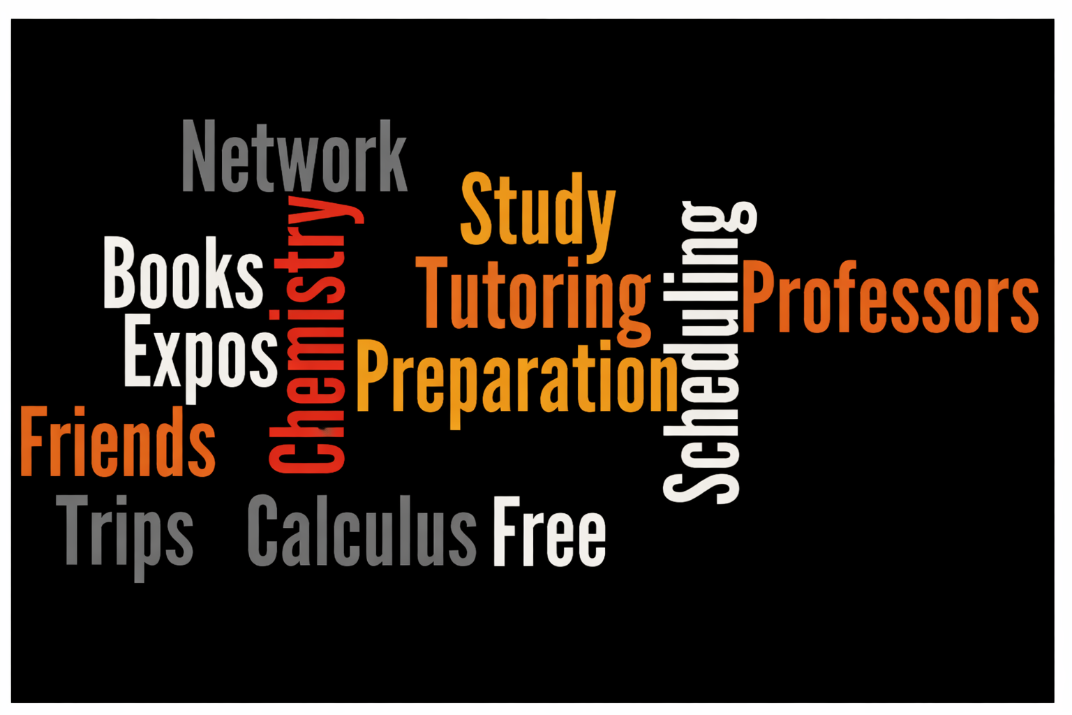 Word Cloud featuring the following words: Network, Books, Expos, Friends, Trips, Chemistry, Calculus, Study, Tutoring, Preparation, Free, Scheduling, and Professors